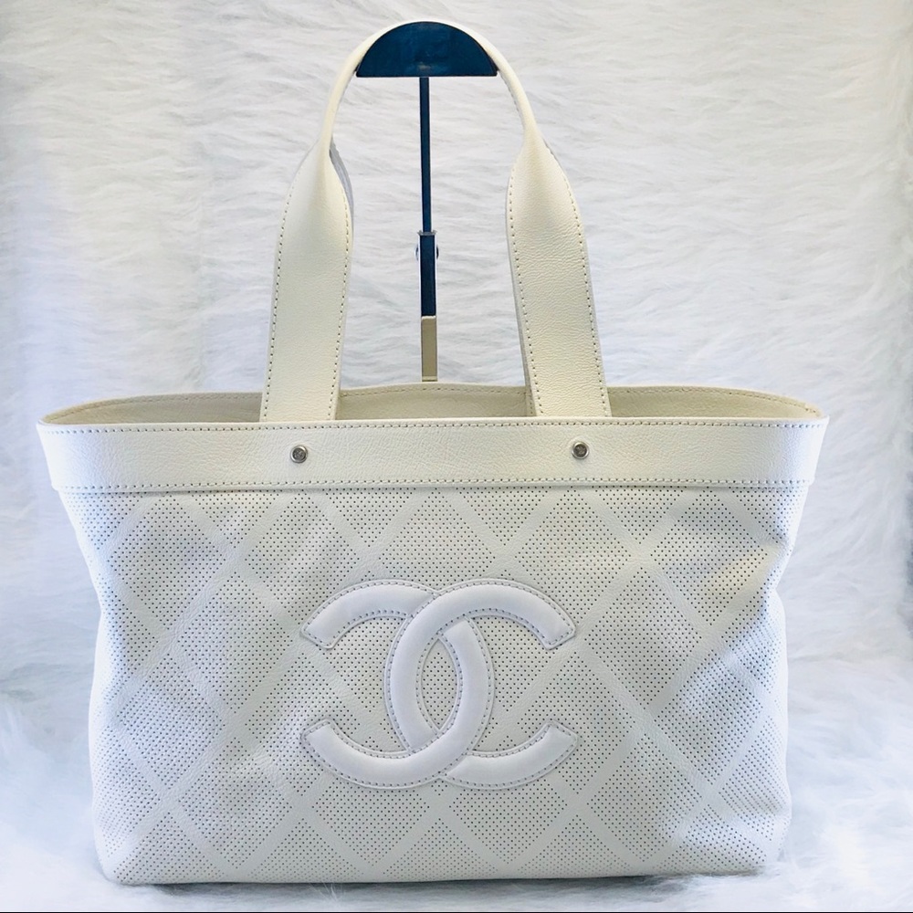 CHANEL Perforated Leather Large CC Tote White